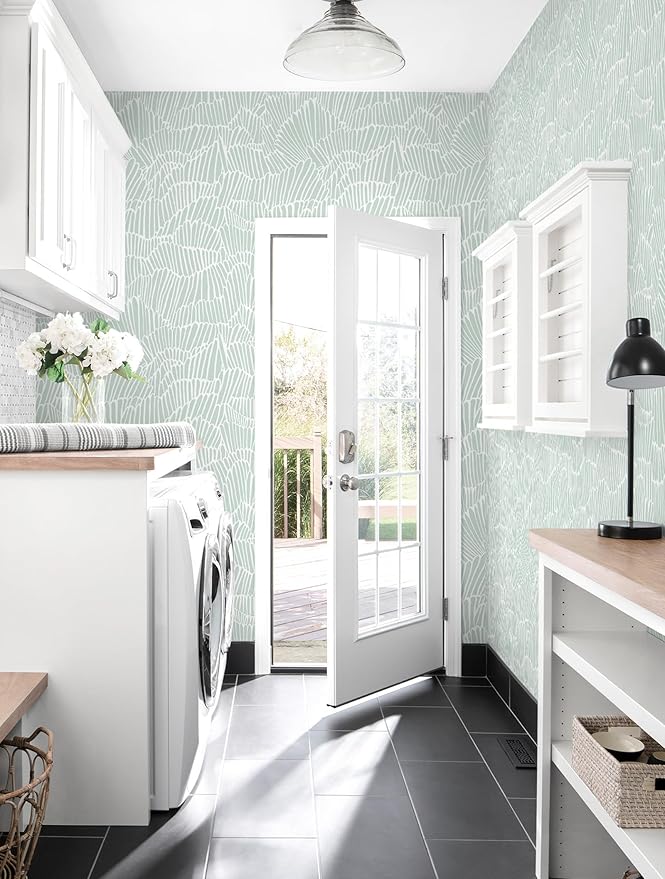 Guvana Green Wallpaper Peel and Stick Modern Sage Green and White Contact Paper Coastal Tropical Wallpaper Boho Striped Removable Waterproof Wall Paper for Bathroom Laundry Room Accent Wall 17.3"×787"