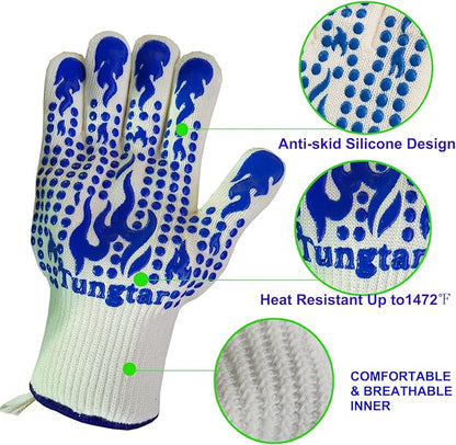 Oven Mitts Heat Resistant BBQ Proof Glove 11Inch 1472℉ Grill Glove Proof Heat for Women Men BBQ Gloves Gift Set Cooking Gloves for Cooking, Grilling, Baking, Welding (White Blue)
