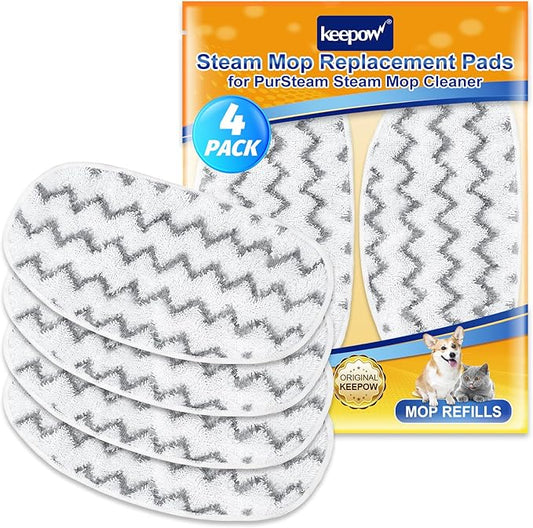 KEEPOW Heavy-Duty Steam Mop Pads for PurSteam ThermaPro 10-in-1, Extra Thick & Highly Absorbent Microfiber, Washable Reusable Replacement Pads for Deep Cleaning - 4 Pack