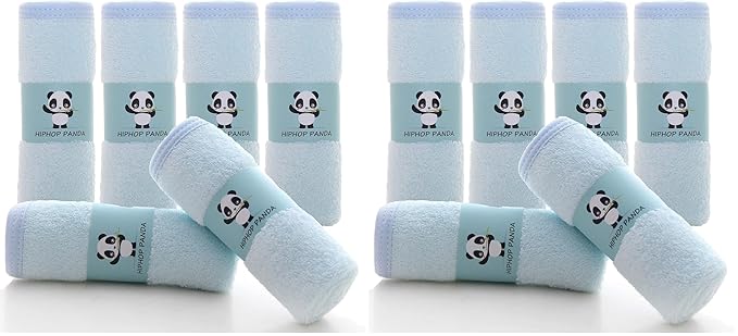 HIPHOP PANDA Baby Washcloths, Rayon Made from Bamboo - 2 Layer Ultra Soft Absorbent Newborn Bath Face Towel - Reusable Baby Wipes for Delicate Skin - Blue, 12 Pack