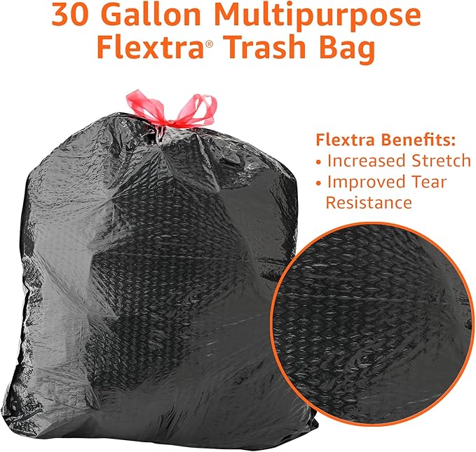 Amazon Basics 30 Gallon Flextra Strength Multipurpose Drawstring Trash Bags, 20% Post Consumer Recycled Material, Tear Resistant, Black, 50 Count