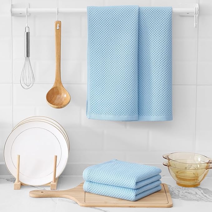 Kitinjoy 100% Cotton Waffle Weave Kitchen Hand Towels (13 X 28 Inches, Sky Blue), 12-Pack Super Soft and Absorbent Dish Towel for Drying Dishes