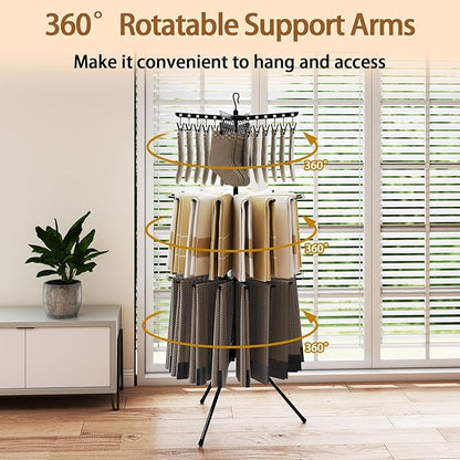 COSTWAY 3-Tier Clothes Drying Rack, Foldable Garment with 32 Hanging Rods & 24 Clips, 360° Rotatable Arms & Detachable Clip Rack, Collapsible Tripod Drying Rack for Laundry Room & Balcony, Black