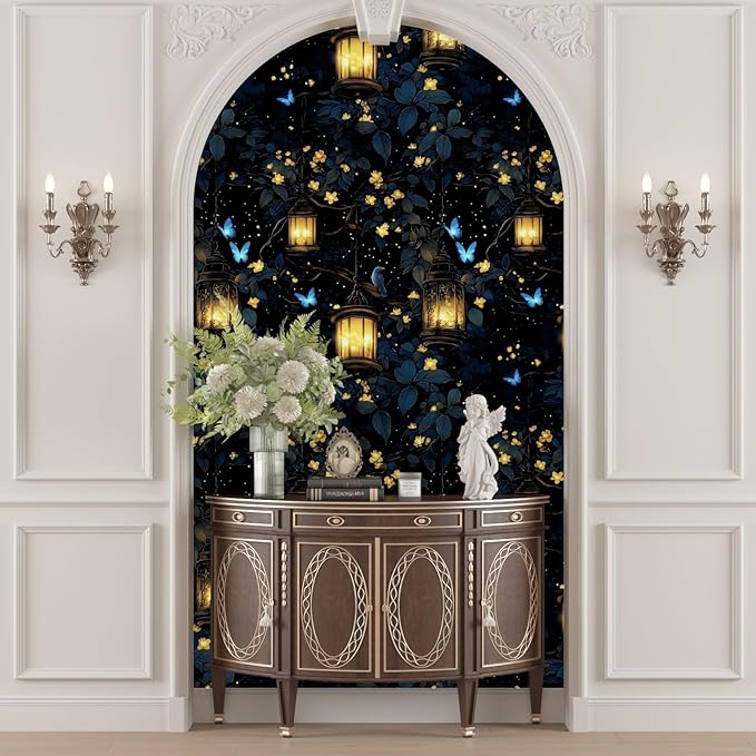 Extra Long Dark Floral Peel and Stick Wallpaper, 17.5In x 393In Fantasy Wonderland Forest Self-Adhesive Removable Wall Paper for Bedroom Cubicle Cabinet Drawer, Vinyl Contact Paper Black Blue