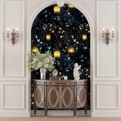 Extra Long Dark Floral Peel and Stick Wallpaper, 17.5In x 393In Fantasy Wonderland Forest Self-Adhesive Removable Wall Paper for Bedroom Cubicle Cabinet Drawer, Vinyl Contact Paper Black Blue