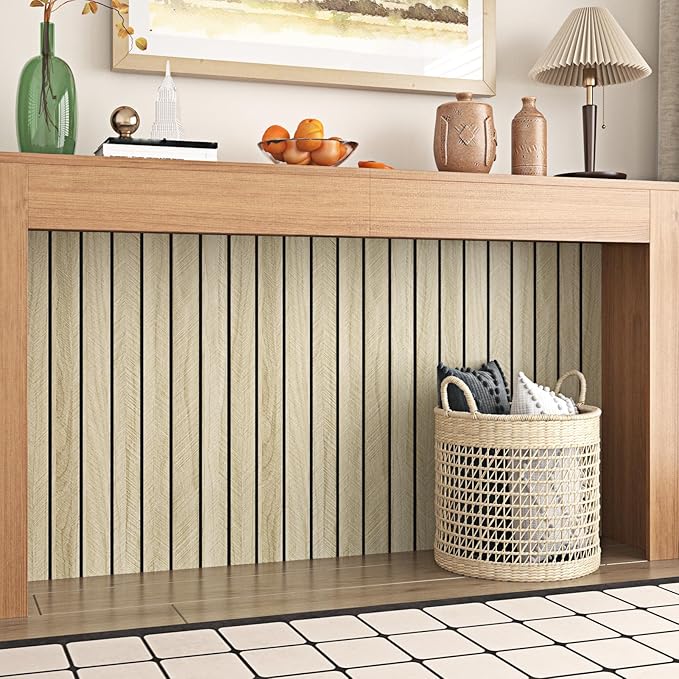 Wallercity Light Brown Wood Slat Acoustic Panels for Stylish Decor Noise Reduction 3D Textured Wood Grain Paneling for Ceiling Walls Peel & Stick Wooden Wall Panels for Background Bedroom 11.7''x118''