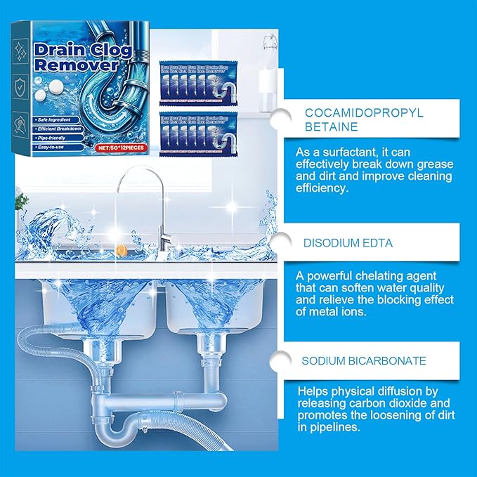 Strong Drain Effervescent Tablet for Kitchen & Bathroom Pipes - Quick-Dissolving Drain Clog Remover, Sink and Drains Cleaner, Deodorizer Remove Odor, For Kitchen, Bathroom Care (24PCS)
