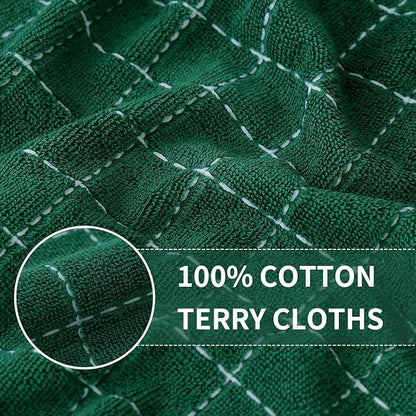 Homaxy 100% Cotton Terry Kitchen Towels(Dark Green, 13 x 28 inches), Checkered Designed, Soft and Super Absorbent Dish Towels, 4 Pack