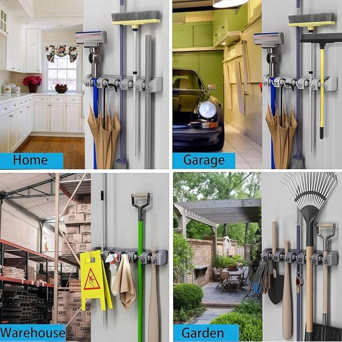 Broom Holder Wall Mount, Heavy Duty Mop Holder Wall Mount with Hooks & Slots, Garage Storage Wall Hanger for Shovel, Rake, Kitchen, Laundry & Shed