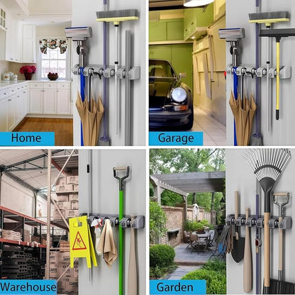 Broom Holder Wall Mount, Heavy Duty Mop Holder Wall Mount with Hooks & Slots, Garage Storage Wall Hanger for Shovel, Rake, Kitchen, Laundry & Shed