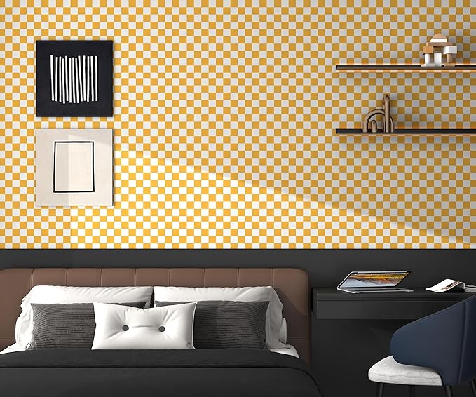 Modern Peel and Stick Wallpaper Orange and White Mosaic Checkered Contact Paper 17.7"x118" Self Adhesive Lattice Wallpaper Removable Decorative Wallpapers for Bedroom Countertops Cabinet Vinyl Roll