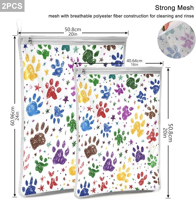 Mesh Laundry Bags Lingerie Bags for Washing Delicates 2 PCS Durable Wash Bag with Zipper Small and Medium Washable Paw Prints and Stars