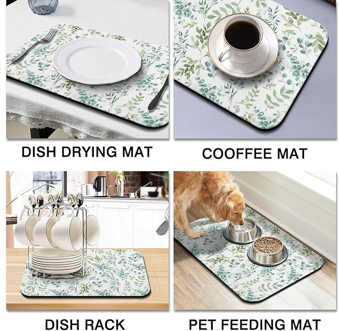 Dish Drying Mat for Kitchen Counter 2 Pack with Non-Slip Rubber Backing - Heat-Resistant Absorbent Coffee Bar Mat, Dish Rack Mat, Green Plant Dish Drying Mats 18x24+19.5x12 inch