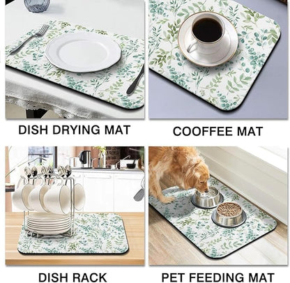 Dish Drying Mat for Kitchen Counter 2 Pack with Non-Slip Rubber Backing - Heat-Resistant Absorbent Coffee Bar Mat, Dish Rack Mat, Green Plant Dish Drying Mats 18x24+19.5x12 inch