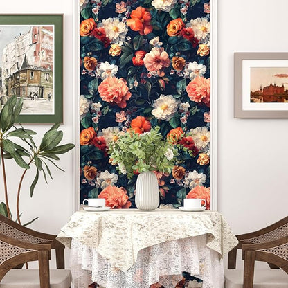 Vintage Black Floral Wallpaper, Retro Dark Colorful Flower Self Adhesive Contact Paper for Cabinet Bathroom Powder Room, Vinyl Moody Boho Botanical Flower Design Accent Wall Art 17.5In x 118In