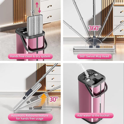 Flat Mop and Bucket for Home with Extra Refills, Stainless Steel Mop and Bucket with Wringer, Hands-Free Mop, Wet and Dry Use Mop with Long Handle (Purple)