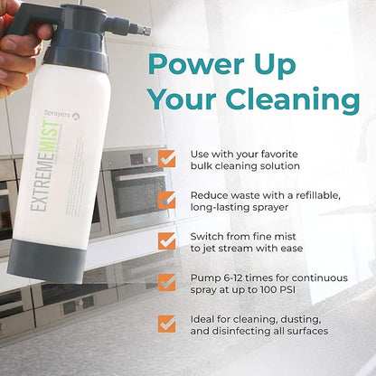 ExtremeMist High-Performance Kitchen & Bath Sprayer | Refillable Pressurized Sprayer | Ultra-Fine Mister | Continuous Spray Bottle for Cleaning | High Pressure | 32 oz Bottle