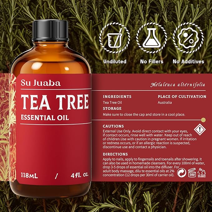 SU JUABA 4 Fl Oz Tea Tree Essential Oil, 100% Natural Aromatherapy Oil for Toenail, Skin, Face, Hair, Shampoo - 118ML
