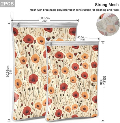 Mesh Laundry Bags Lingerie Bags for Washing Delicates 2 PCS Durable Wash Bag with Zipper Small and Medium Washable Cute Poppy Flowers Beige