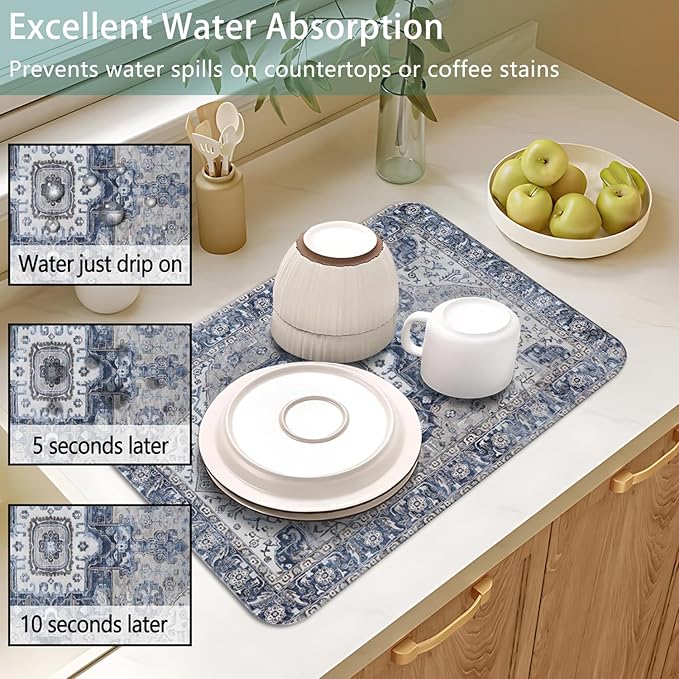 Dish Drying Mat for Kitchen Counter 2 Pack with Non-Slip Rubber Backing - Heat-Resistant Absorbent Coffee Bar Mat, Dish Rack Mat, Boho Dish Drying Mats 18x24+19.5x12 inch