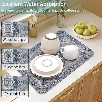 Dish Drying Mat for Kitchen Counter 2 Pack with Non-Slip Rubber Backing - Heat-Resistant Absorbent Coffee Bar Mat, Dish Rack Mat, Boho Dish Drying Mats 18x24+19.5x12 inch