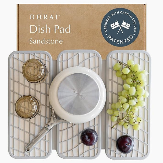 Dorai Home Dish Pad - Collapsable Stone Dish Drying Mat with Diatomaceous Earth for Quick Drying - Ultra Absorbent - Encased in Woven Silicone - Eco-Friendly, Foldable - Original 19.9"x15.2" Sandstone