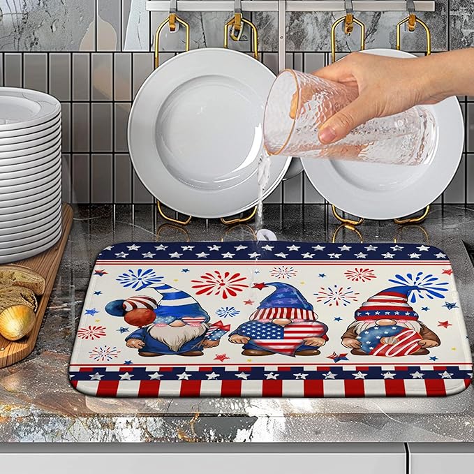 Patriotic Gnome Drying Mat 16x18 Inch American Memorial Day Independence Day Microfiber Dish Drainer Super Absorbent Dish Rack Mat for Kitchen Counter Holiday Decor