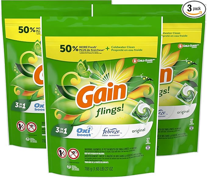 Gain flings! Liquid Laundry Detergent Soap Pacs, HE Compatible, 3 Bag Value Pack, 111 Count, Long Lasting Scent, Original Scent