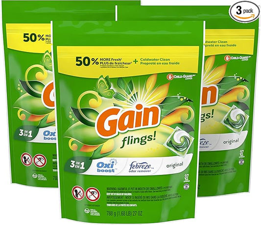 Gain flings! Liquid Laundry Detergent Soap Pacs, HE Compatible, 3 Bag Value Pack, 111 Count, Long Lasting Scent, Original Scent