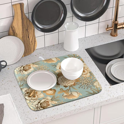 Retro Flower Bird Dish Drying Pad 16 x 18 Inch With Absorbent Reversible Microfiber Vintage Blue Gold Floral Drying Mats Dish Drainer Mat Fast Dry For Kitchen Dining Room Decoration