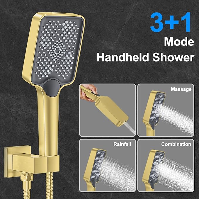 Shower Faucet Set,Brushed Gold Push Button Shower System with Rain Shower and Handheld,Gold Shower Faucet with Valve Ceiling Mount 12 Inch Shower Head and 6 Inch Shower Head with Handheld