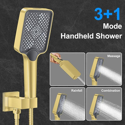 Shower Faucet Set,Brushed Gold Push Button Shower System with Rain Shower and Handheld,Gold Shower Faucet with Valve Ceiling Mount 12 Inch Shower Head and 6 Inch Shower Head with Handheld