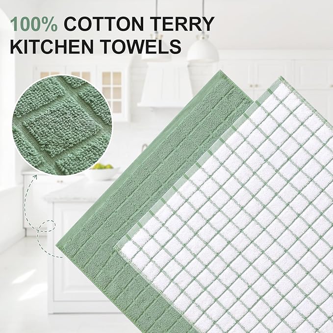 Homaxy Premium Cotton Kitchen Towels 16"x 28", Large Natural Ring Spun 390 GSM Dish Towels, Super Absorbent Terry Kitchen Hand Towels, Soft Tea Towels with Hanging Loop, Grass Green Check, 12 Pack