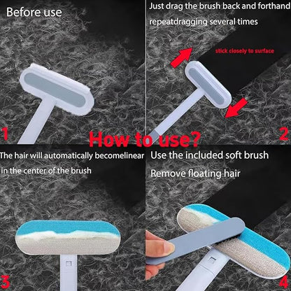 Reusable Pet Hair Remover Brush, 4-in-1 Multifunction Pet Hair Removal Tool with 17.7" Extra Long Handle for Furniture, Car, Carpet & Multi-Surfaces (Blue)