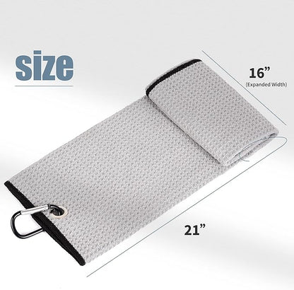 Mile High Life Tri-fold Golf Towel | 16" X 24" | Premium Microfiber Fabric | Waffle Pattern | with Heavy Duty Carabiner Clip | for Men and Women (Black & Gray)