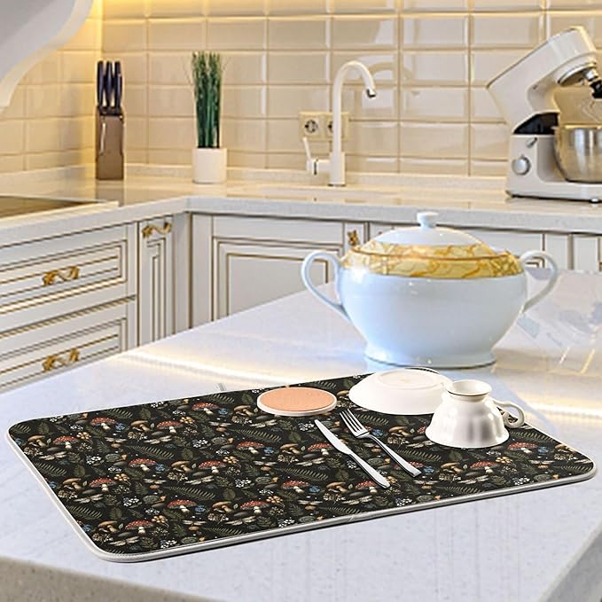 Mushroom Fern Leaves Berry Dish Drying Mat for Kitchen Counter Vintage Botanical Nature Drying Mats Super Absorbent Reversible Microfiber Kitchen Countertop Protector Dishes Pad Large18x24 inch