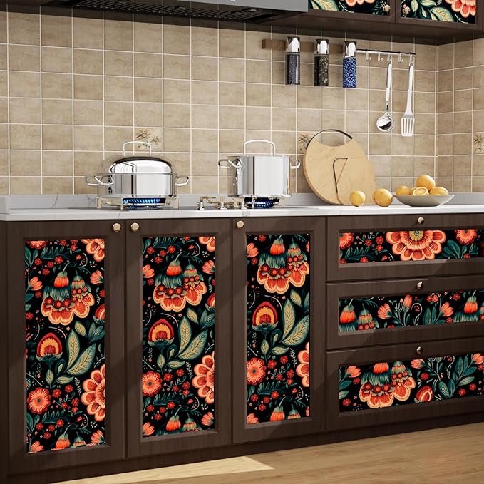 Fvlow Boho Floral Wallpaper Peel and Stick Dark Red Large Flower Contact Wall Paper Waterproof Self-Adhesive Wall Covering for Bedroom Countertop Desk Cabinets Decor Renter Friendly 17.4" x 118"