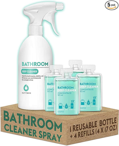 DUTYBOX Bathroom Cleaner Spray, Tub and Tile Cleaner, Bath Cleaning Supplies for Bathtub, Shower, Toilet, Faucet, Tile Floor, Rust, Salt (1 Spray Bottle with 4 Capsule Packs)
