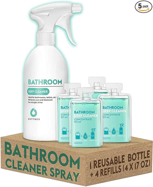 DUTYBOX Bathroom Cleaner Spray, Tub and Tile Cleaner, Bath Cleaning Supplies for Bathtub, Shower, Toilet, Faucet, Tile Floor, Rust, Salt (1 Spray Bottle with 4 Capsule Packs)