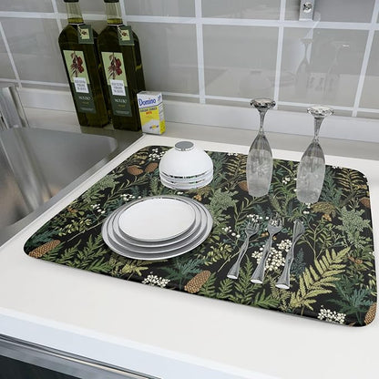 Green Plant Fern Leaves Floral Dish Drying Pad 18 x 24 Inch With Absorbent Reversible Microfiber Black Flower Botanical Leaf Vintage Drying Mats Dish Drainer Mat Fast Dry For Kitchen Dining Room