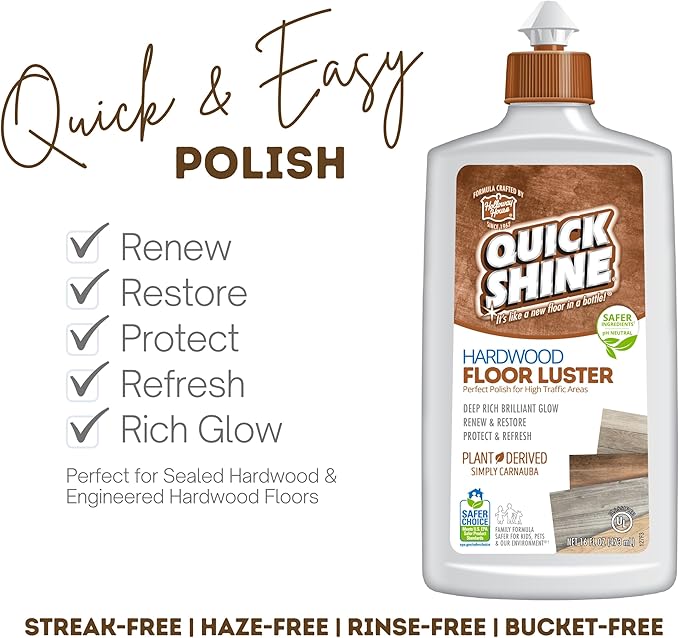 Quick Shine Hardwood Floor Clean + Polish Mop Kit w/ 3 Reusable Pads & 1-16 oz. Floor Luster w/Plant-Derived Carnauba | Use Wet + Dry | Safer Choice pH Neutral Ready to Use Formula