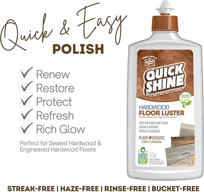 Quick Shine Hardwood Floor Clean + Polish Mop Kit w/ 3 Reusable Pads & 1-16 oz. Floor Luster w/Plant-Derived Carnauba | Use Wet + Dry | Safer Choice pH Neutral Ready to Use Formula