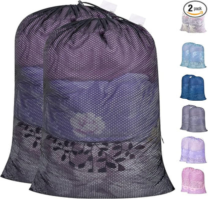 Polecasa Heavy Duty Extra Large Mesh Laundry Bags with ID Tag and Locking Drawstring Closure - 2 Pack, 30 x 36 inches - Laundry Hamper Liner, Washable Laundry Bag for Travel, Sports, Dorms (Black)