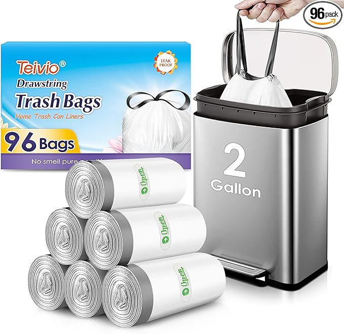 Teivio 2 Gallon 96pcs Strong Drawstring Trash Bags Garbage Bags, Bathroom Trash Can Bin Liners, Small Plastic Bags for Home Office Kitchen, White