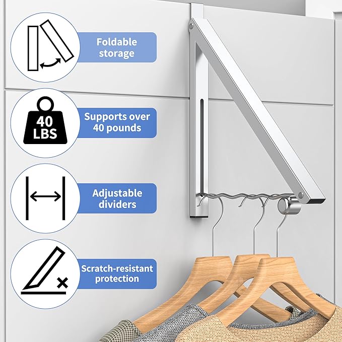 Hleelomi Clothes Drying Rack for Laundry Room Organization,Foldable Over The Door Drying Racks for Saving Space, Silver 2 Racks and A Rod