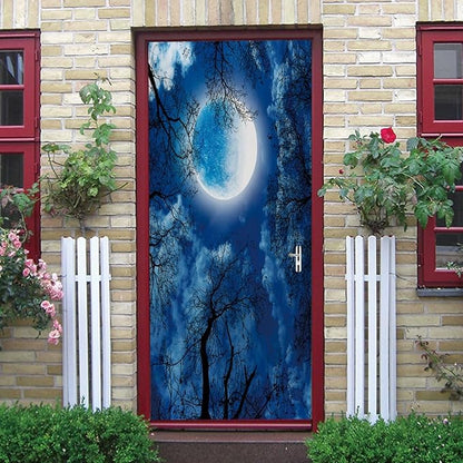 A.Monamour 3D Door Stickers for Interior Doors Silhouette of Dry Tree Against Night Blue Sky and Bright Full Moon Vinyl Waterproof Self Adhesive Door Mural Decals for Bedroom Office Bathroom 85x215cm