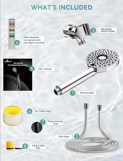 Magichome Filtered Shower Head with Handheld, High Pressure 10-Spd Detachable Chrome Showerhead with Stainless Hose, Water Softener Filter Beads for Hard Water - Remove Chlorine, Reduce Dry Itchy Skin