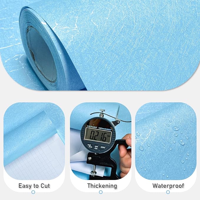 Cohoo Home Blue Peel and Stick Wallpaper Silk Solid Light Blue Contact Paper for Walls Embossed Textured Self-Adhesive Removable Wallpaper Bedroom Bathroom Waterproof Drawer Liner 15.7inW 118inL