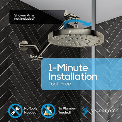 SparkPod Shower Head - High Pressure Rain - Premium Quality Luxury Design - Easy Clean Adjustable Replacement for Your Bathroom Shower Heads (Elegant Brushed Nickel, 8 Inch Round)
