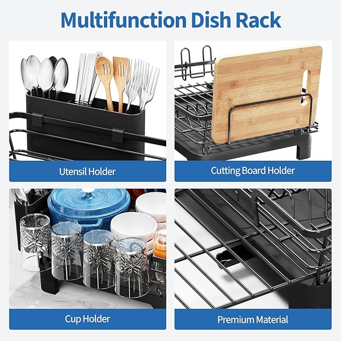 TOOLF Extendable Dish Drying Rack, 2 in 1 Multifunction Dish Rack for Kitchen Counter, Expandable Dish Drainer Over Sink, Large Plate Strainer with Drainboard & Cups Holder, Black